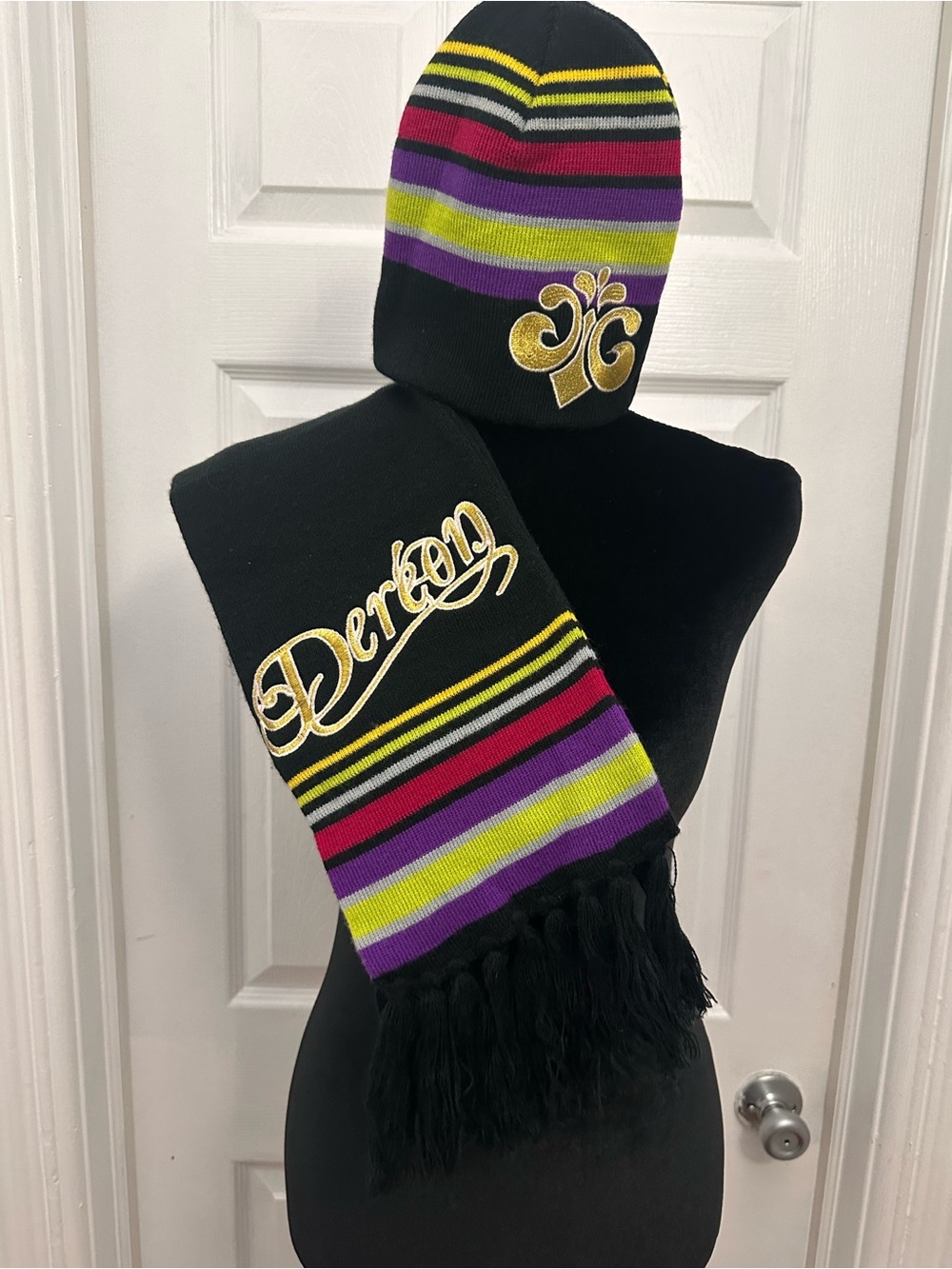 Dereon Black Striped Beanie and Scarf Set with Gold New Orleans Logo
